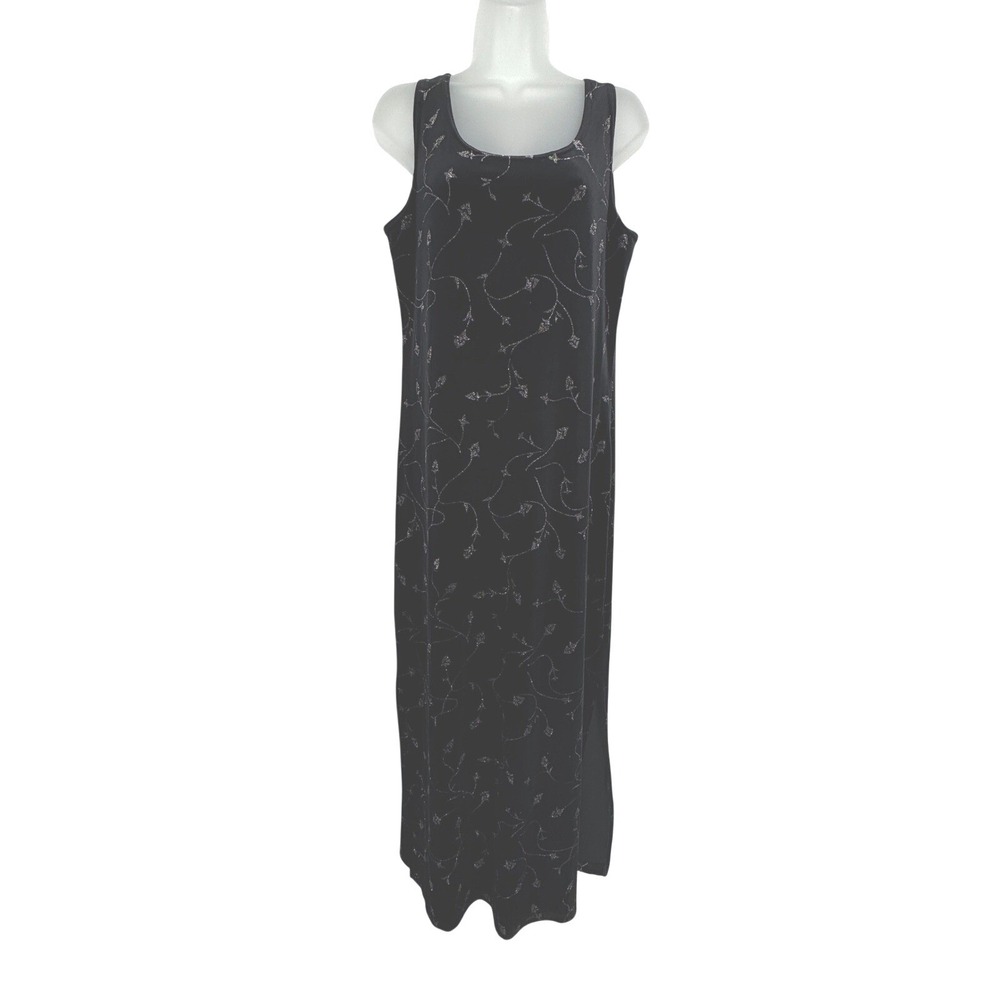 Vintage Velvet Glitter Floral Slip Maxi Dress Side Slit Size L Black Stretch 90
